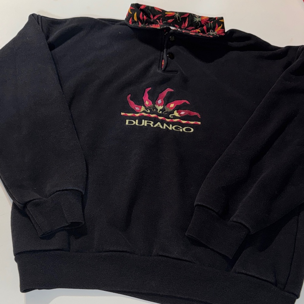 Fun Durango Black Sweater with Vibrant Red Chili Pepper Collar‎